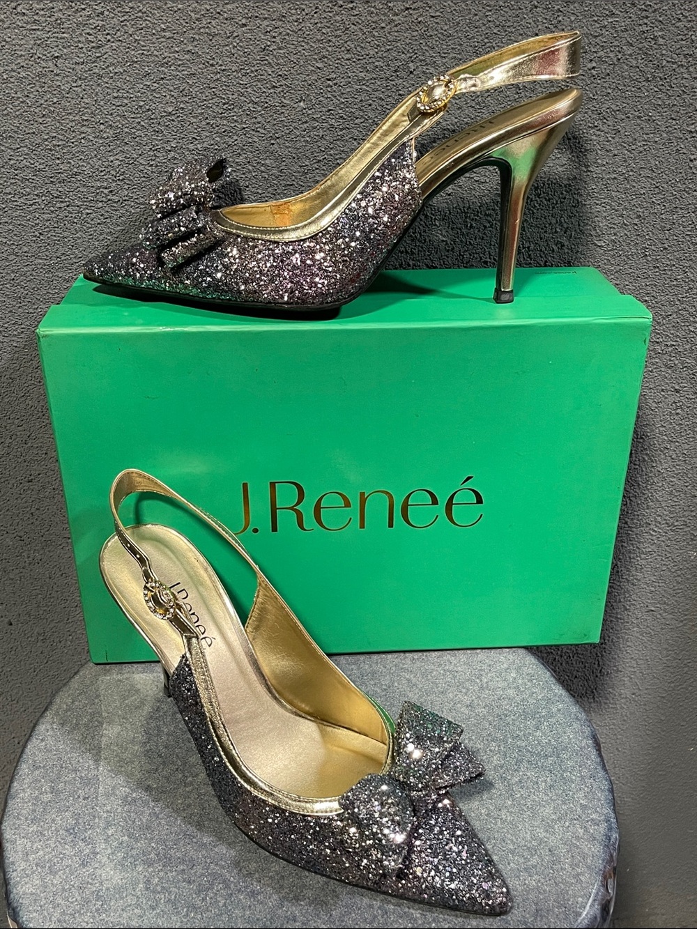 J.Renee Silver Glitter Slingback Heels with Bow Accent